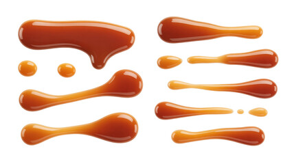 Naklejka premium Set of Liquid Caramel Drops and Glossy Topping Spills Isolated on a transparent background 