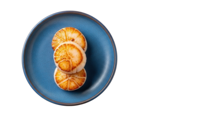 Isolated seared scallops appetizer on a blue plate, delicate seafood for gourmet diners