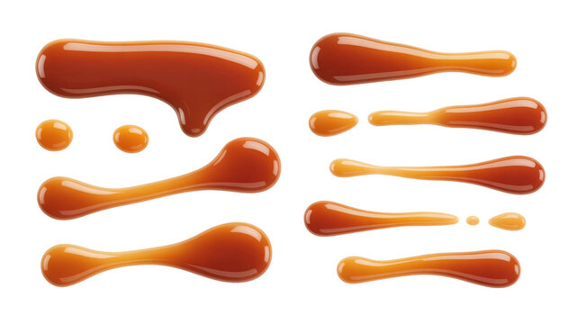 Set of Liquid Caramel Drops and Glossy Topping Spills Isolated on a transparent background 