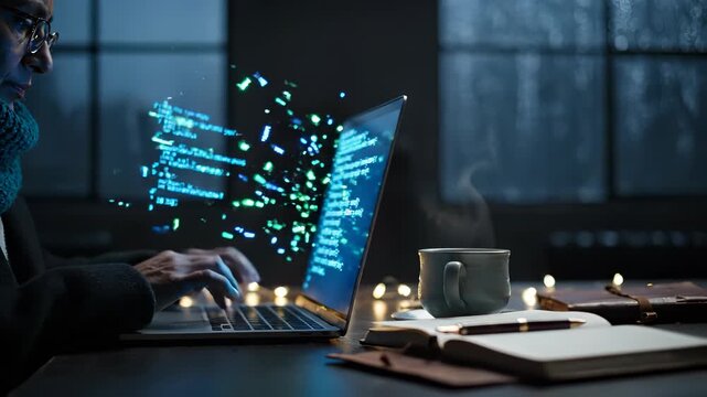 Senior woman typing on laptop late night. Hands move across keyboard while computer screen glows. Coffee cup and notebook sit on desk beside laptop. Quiet room filled with fairy light for focused