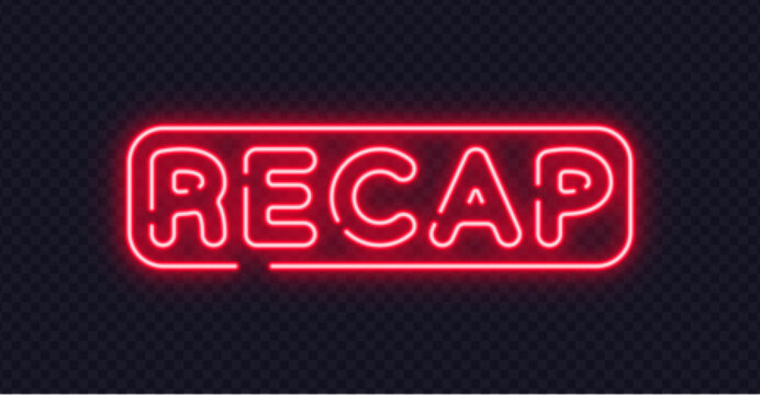 Red neon recap sign in minimal vector design, suitable for video summaries and digital content previews. Clear glowing letters enhance modern visuals.