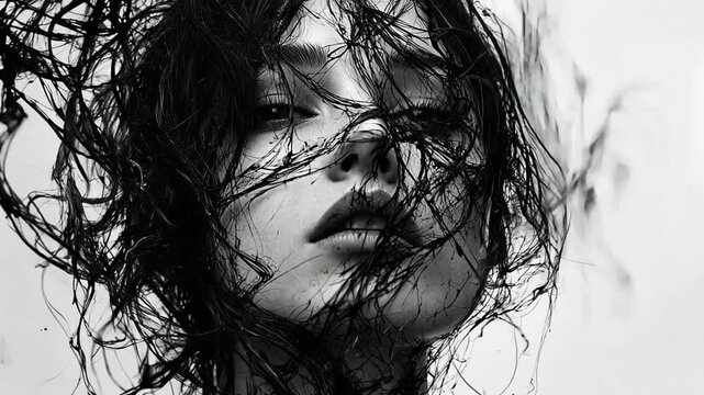 woman portrait chaotic scribbles messy lines with black color video