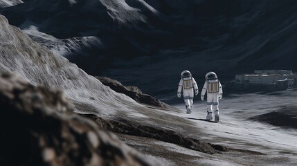 Lunar surface mining robots extracting resources for in-situ utilization, illustrating space resource exploitation and off-Earth manufacturing technologies. cinematic color correction, natural