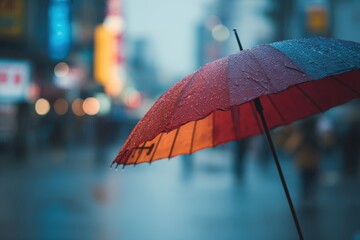 Close up of a colorful umbrella shielding against rain in a vibrant city scene during a drizzly evening