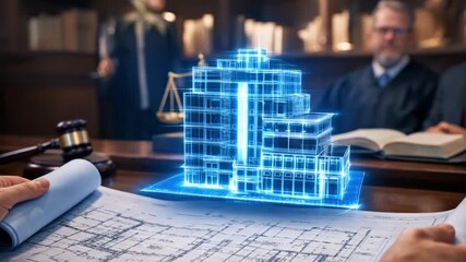 legal intellectual property trial concept. Blueprint of a building with a digital overlay in a courtroom setting.