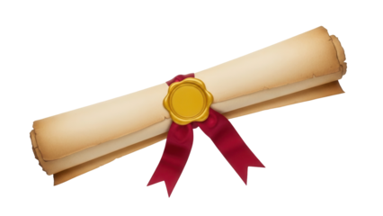 Isolated paper scroll with ribbon and seal for graduation, achievement, reward, or certificate