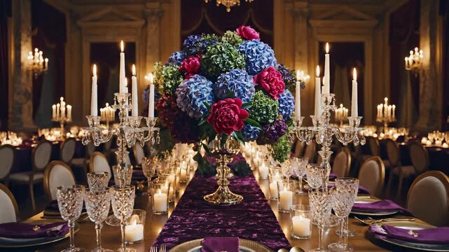 Ornate floral arrangement graces a dimly lit banquet hall table setting with crystal glassware and glowing candles