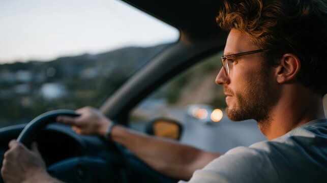 A driver realizing a wrong turn after entering an empty road at dusk, pausing the car to check directions, symbolizing everyday misjudgment and course correction. cinematic color correction,