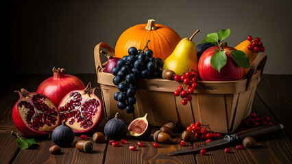 Abundant harvest basket overflows with dark grapes pomegranates figs and bright red apples resting upon rustic dark wooden surface