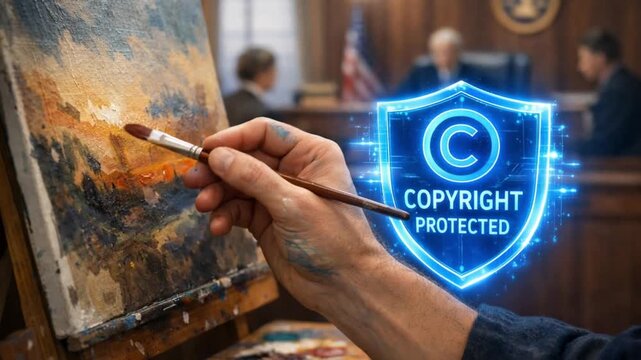 legal intellectual property trial concept. Artist painting with copyright protection symbol in a courtroom setting.