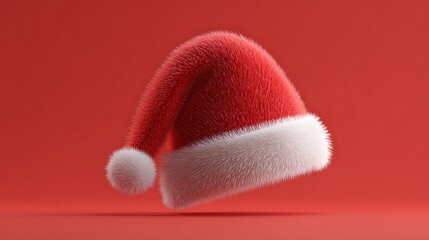 Fluffy red and white Santa hat floating against a solid minimalist red studio background for christmas