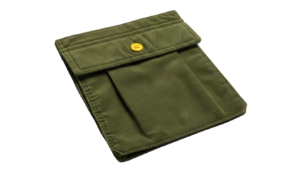 Isolated army green corduroy pocket with a yellow button, stylish military garment item