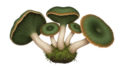 Isolated group of green mushrooms growing from moss a cluster of forest fungi art