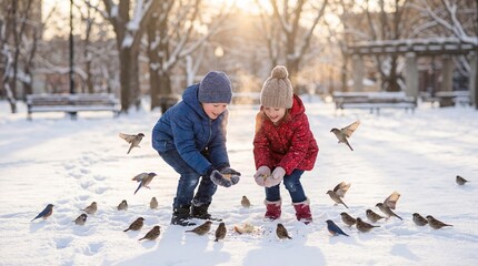 Children feeding birds in winter park, enjoying nature and winter activities. This image captures the joy of outdoor play and interaction with wildlife, suitable for themes like childhood,