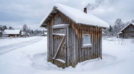 Village outhouse covered in snow stands alone in tranquil winter setting. This image captures the essence of a snowy landscape, highlighting rural simplicity and seasonal charm.