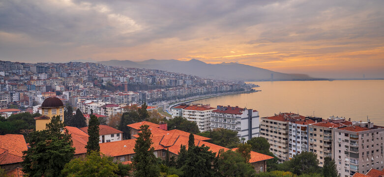 Guzelyali District coastline sunset view in Izmir City of Turkey
