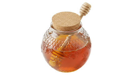 Isolated honey jar with cork lid and dipper, filled with sweet golden honey, healthy product