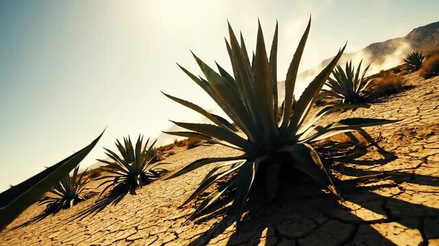 Spiky agave plants stand sentinel in a vast sun-baked desert landscape with cracked earth