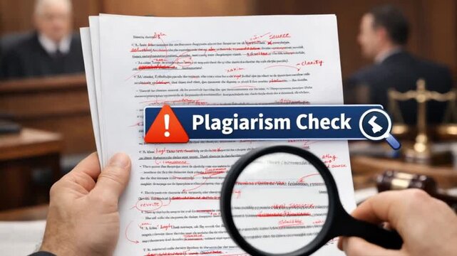 legal intellectual property trial concept. Plagiarism check on legal documents with edits visible.