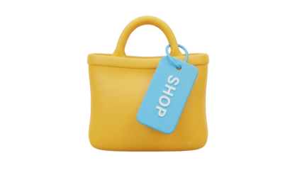 Isolated yellow shopping bag with blue tag, purchase concept, retail sale, offer sign