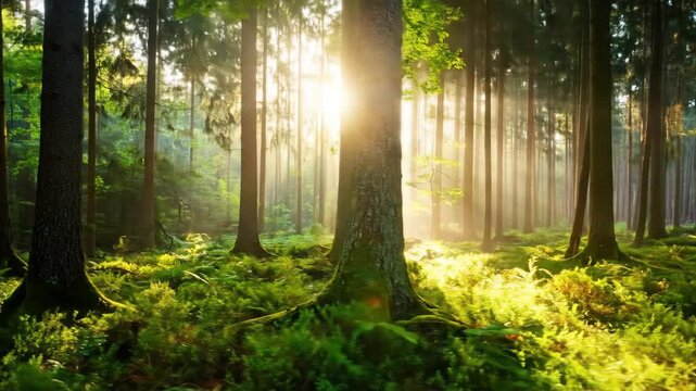 Sunlight streams through a dense, green forest floor covered in moss and ferns.