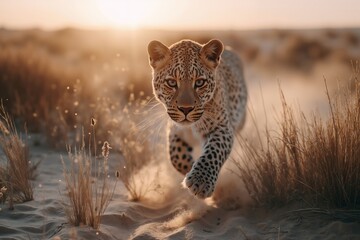 A leopard running through the sand in the desert at sunset