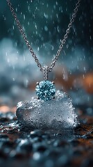 A diamond pendant on a rock in the rain