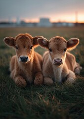 Two brown cows laying in a grassy field at sunset