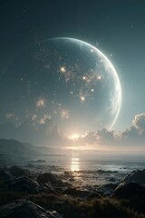 A view of a moon over a rocky landscape at night