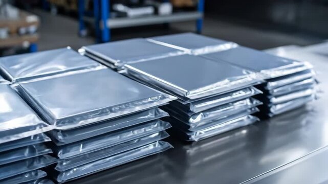 Stacks of sealed packages on a metal surface in a factory setting.
