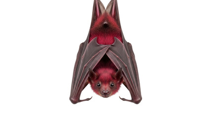 Isolated upside-down bat, a cute nocturnal mammal, hanging, adorable animal portrait