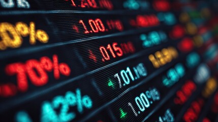 Medium shot of an electronic board showcasing colorful interest rate comparisons for various financial plans in a dynamic digital display