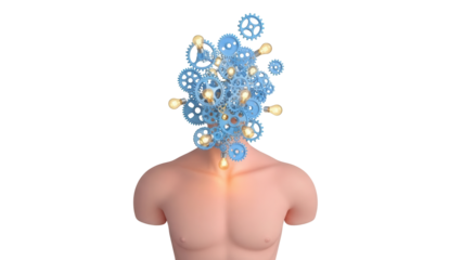 Isolated torso with gears and light bulbs representing a conceptual innovative mindset