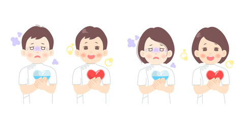 心の疲れ、ストレスに苦しむ看護師（男性・女性）のビフォーアフターのイメージイラスト