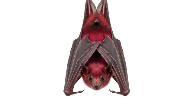Isolated upside-down bat, a cute nocturnal mammal, hanging, adorable animal portrait