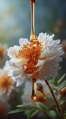 A white flower with a drop of honey dripping from it