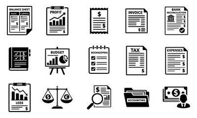 Accounting and Bookkeeping Icon Collection with Balance Sheet, Expense Report, Payroll, Audit, and Budget Planning