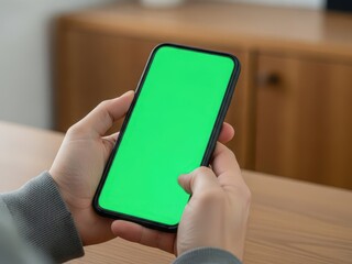 Person holding smartphone with green screen displaying content