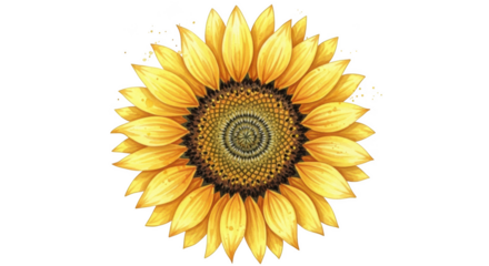 Detailed yellow sunflower bloom with intricate center and golden speckles on black background floral
