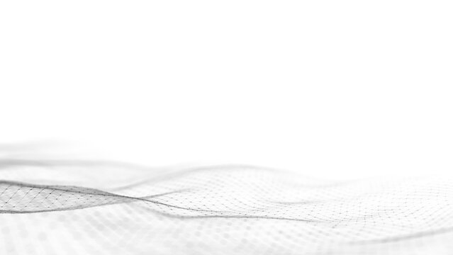Digital dynamic wave of particles and lines. Abstract white futuristic background. Big data visualization. 3D rendering.