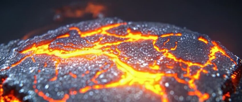 Glowing Hot Lava Flowing on Dark Volcanic Rock Surface