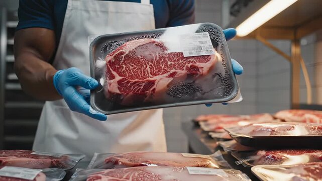 Butcher holds packaged beef steak in plastic tray wearing gloves. Worker handles meat package at butcher shop counter. Beef steak in tray with label. Butcher displays packaged meat with gloves on.