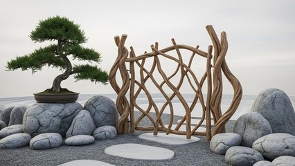 盆栽と木の門、穏やかな背景に侘寂の美学