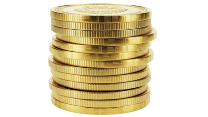 Isolated stack of shiny gold coins representing wealth, savings, or financial investments
