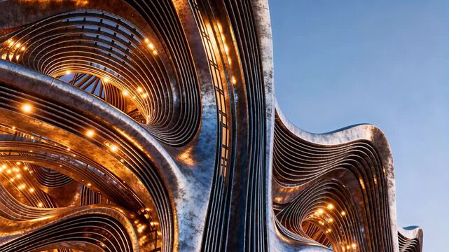 Futuristic metallic building facade with flowing curved lines and warm interior lights against clear blue evening sky, innovative parametric architecture concept
