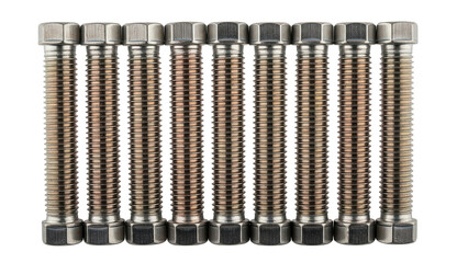Isolated bolts in a row. Fasteners for construction and installation work. Hardware products