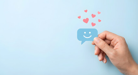 Obraz premium hand holding smiling speech bubble with hearts