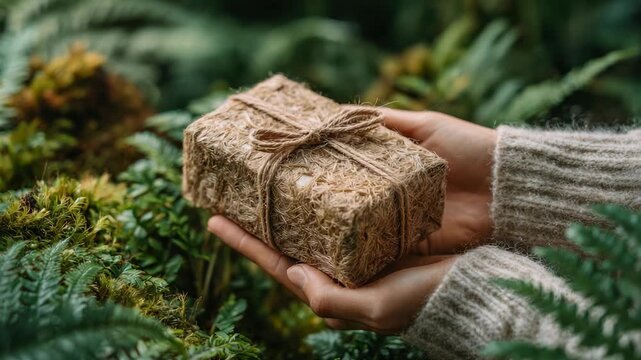 Hands holding a rustic gift wrapped in natural fiber and twine amidst lush green foliage