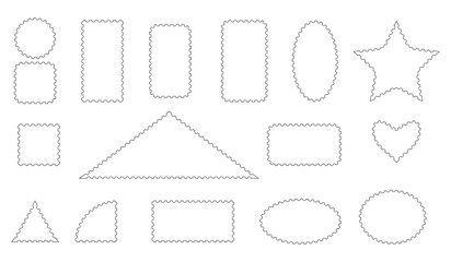 Obraz premium A set of linear postage stamps. Blank geometric shapes with perforated edges. Vector collection of frames of various shapes.