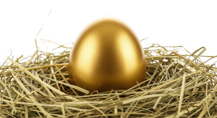 Golden egg resting in a nest of straw against a black background image